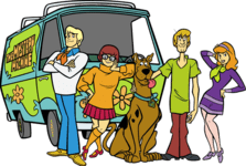 scoobydoo and friends next to a van
